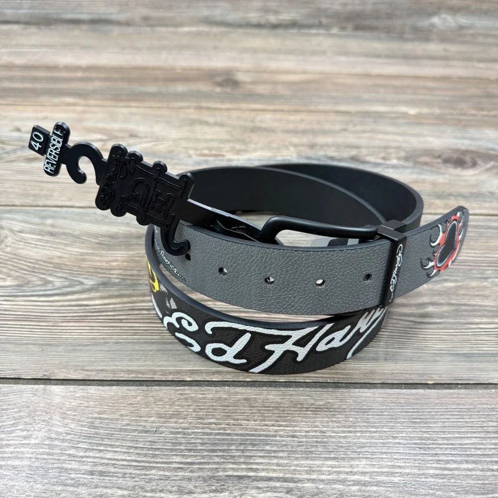 Ed Hardy Mens Size 40 Reversible Belt Grey Black Tattoo Graphic BX95409EHQB New